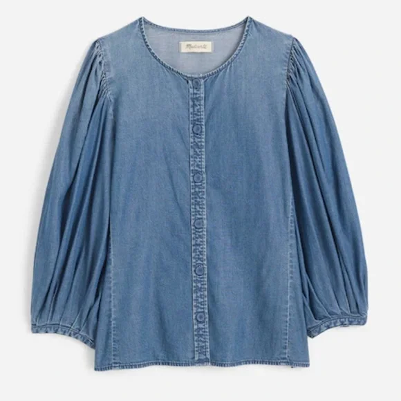 NWT Madewell Denim Puff-Sleeve Button-Up Top in Kennebec Wash - Picture 6 of 11